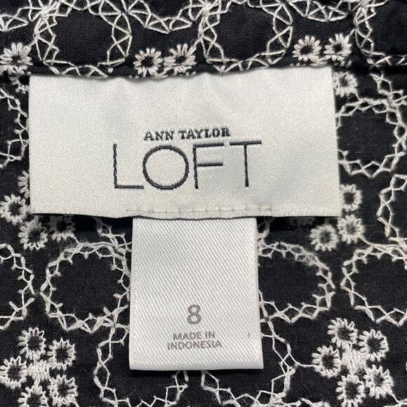 LOFT Black & Ivory Embroidered Floral Cap Sleeve, Collar Faux Wrap Dress 8 - Picture 5 of 10